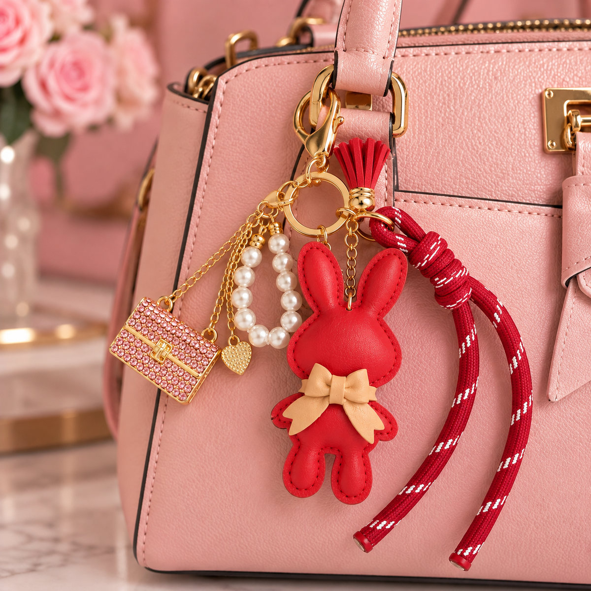 Cute Red Bunny Bag Charm & Keychain – Pearl & Pink Purse Accents