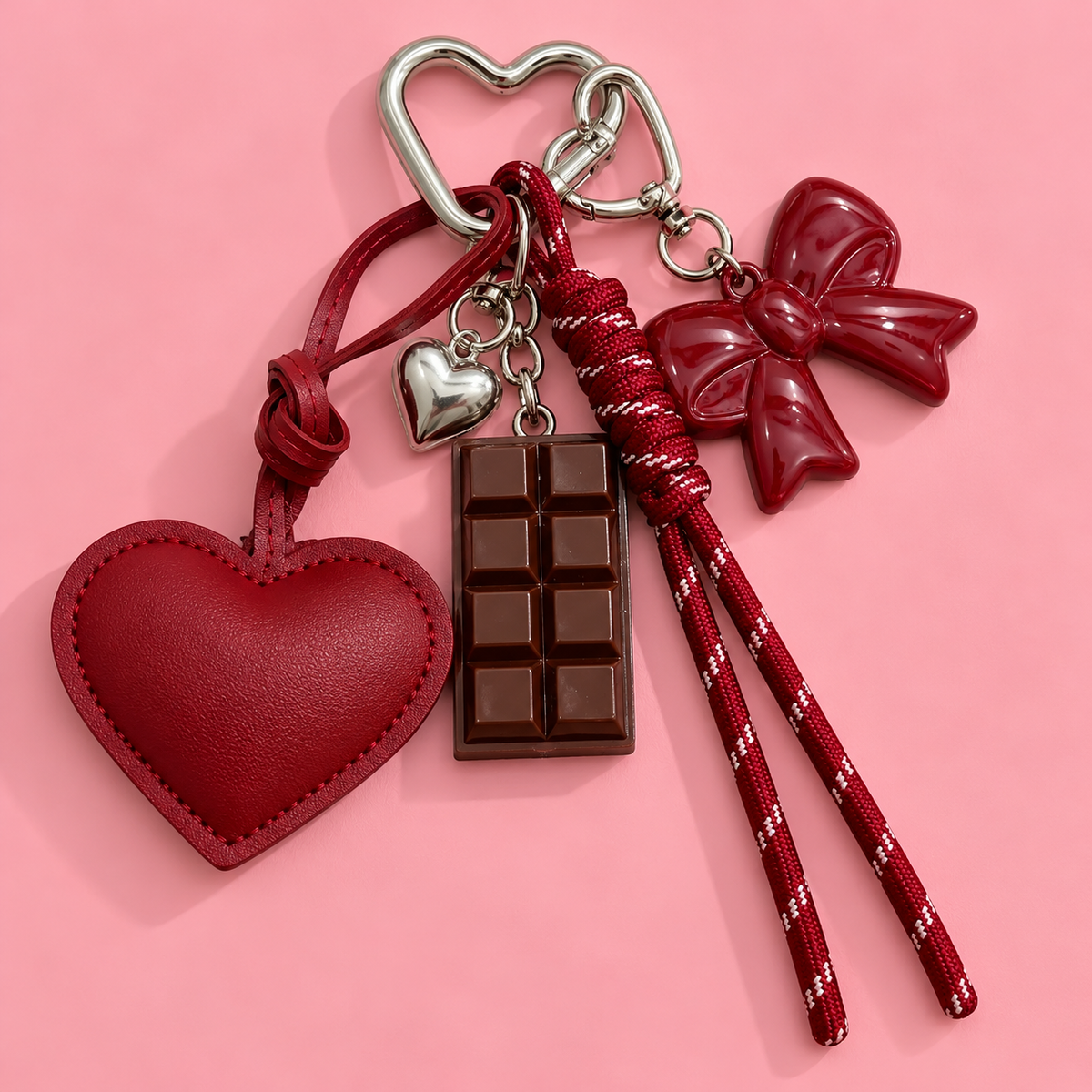 Cherry Chocolate Heart & Bow Bag Charm Keychain – Burgundy Red