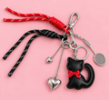 Cute Black Cat Bag Charm & Keychain – Red Bow & Silver Hearts