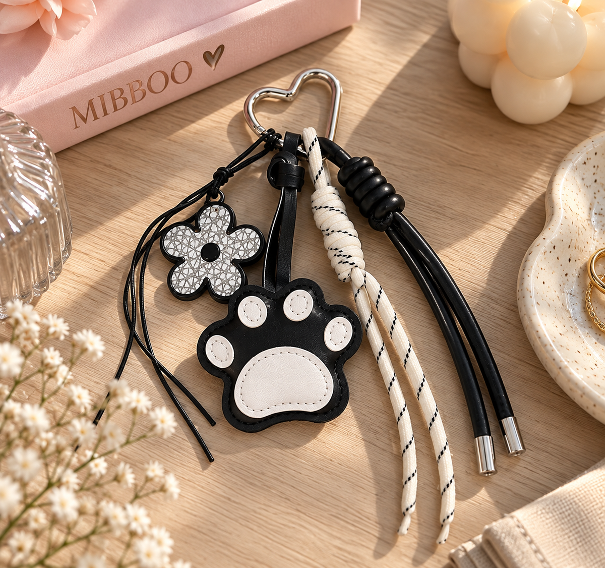 Cute Paw & Flower Bag Charm Keychain – Black & White