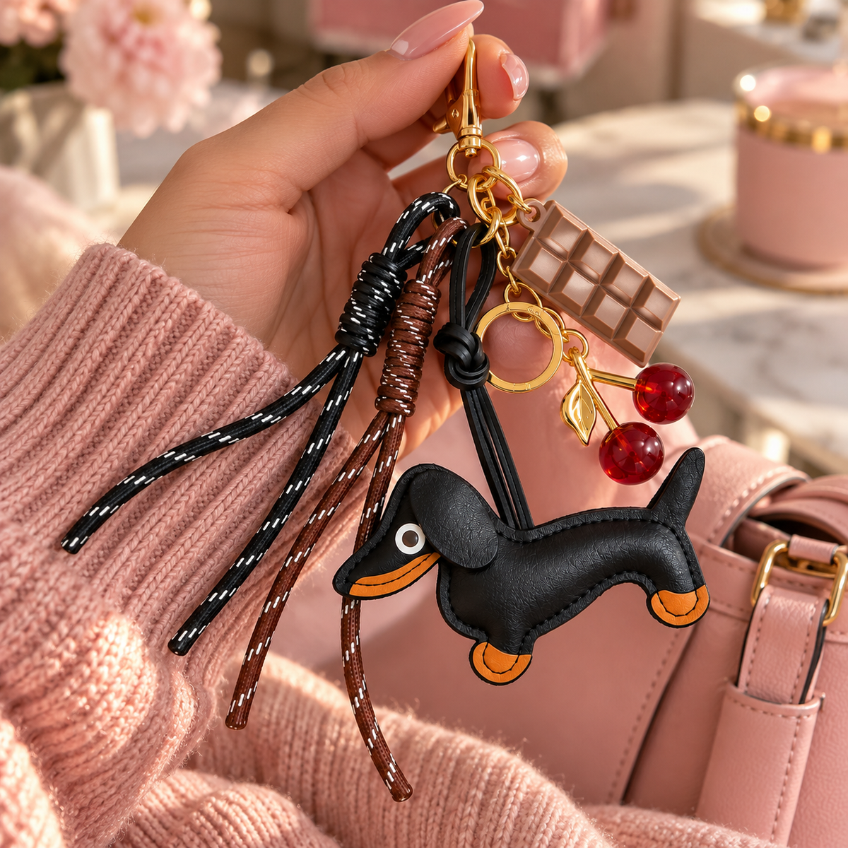 Cute Dachshund Bag Charm & Keychain – Cherry & Chocolate