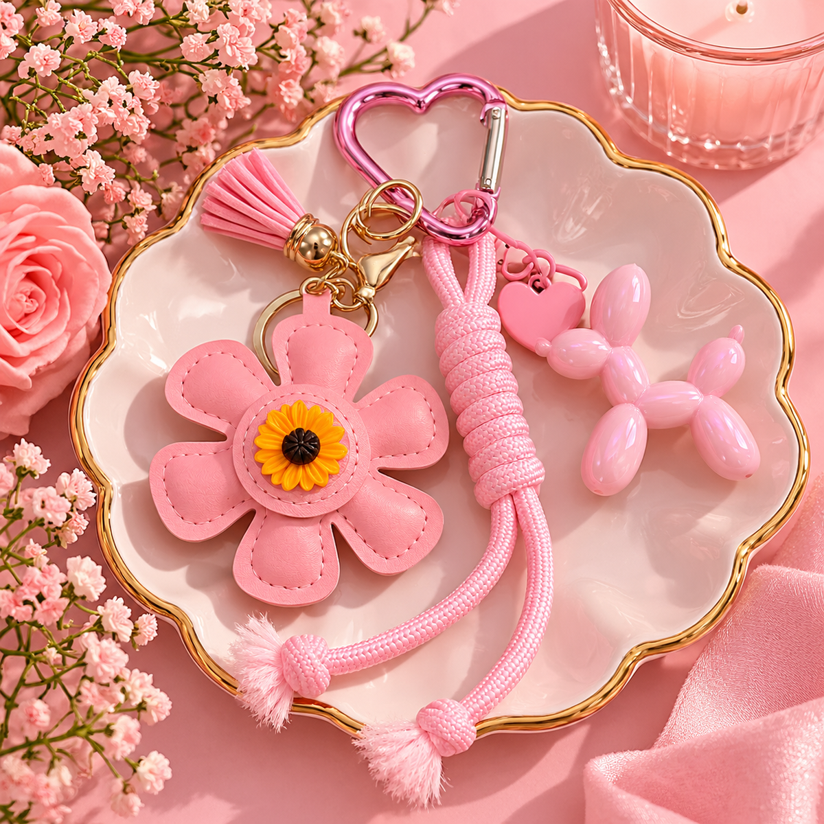 Pink Flower & Balloon Dog Bag Charm Keychain