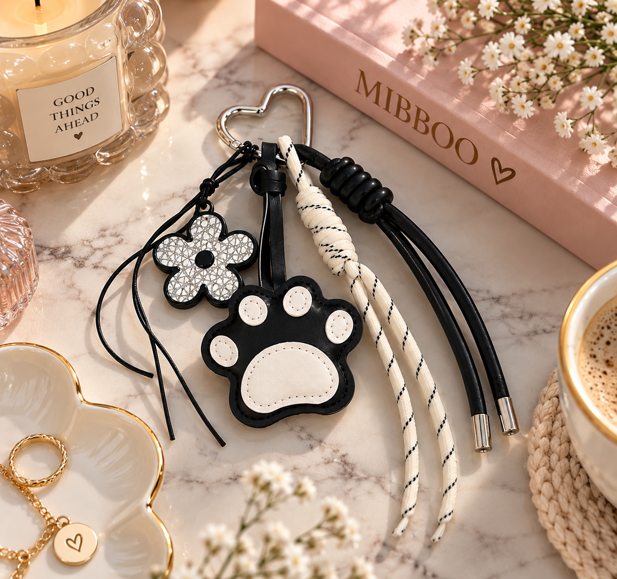 Cute Paw & Flower Bag Charm Keychain – Black & White
