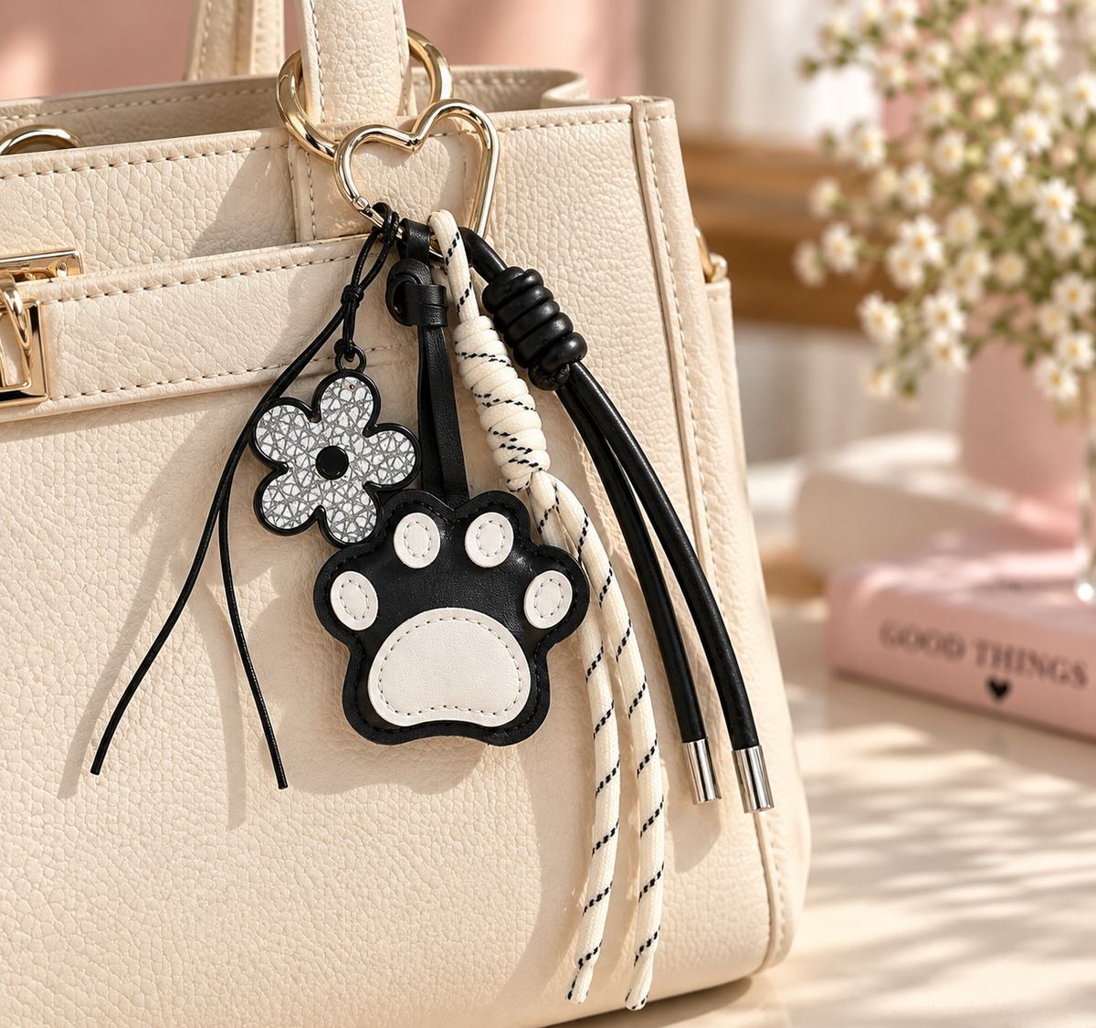 Cute Paw & Flower Bag Charm Keychain – Black & White