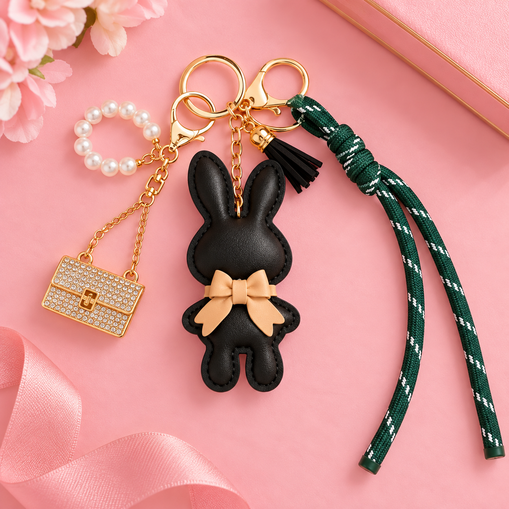 Black Bunny Bag Charm & Keychain – Pearl & Gold Accents