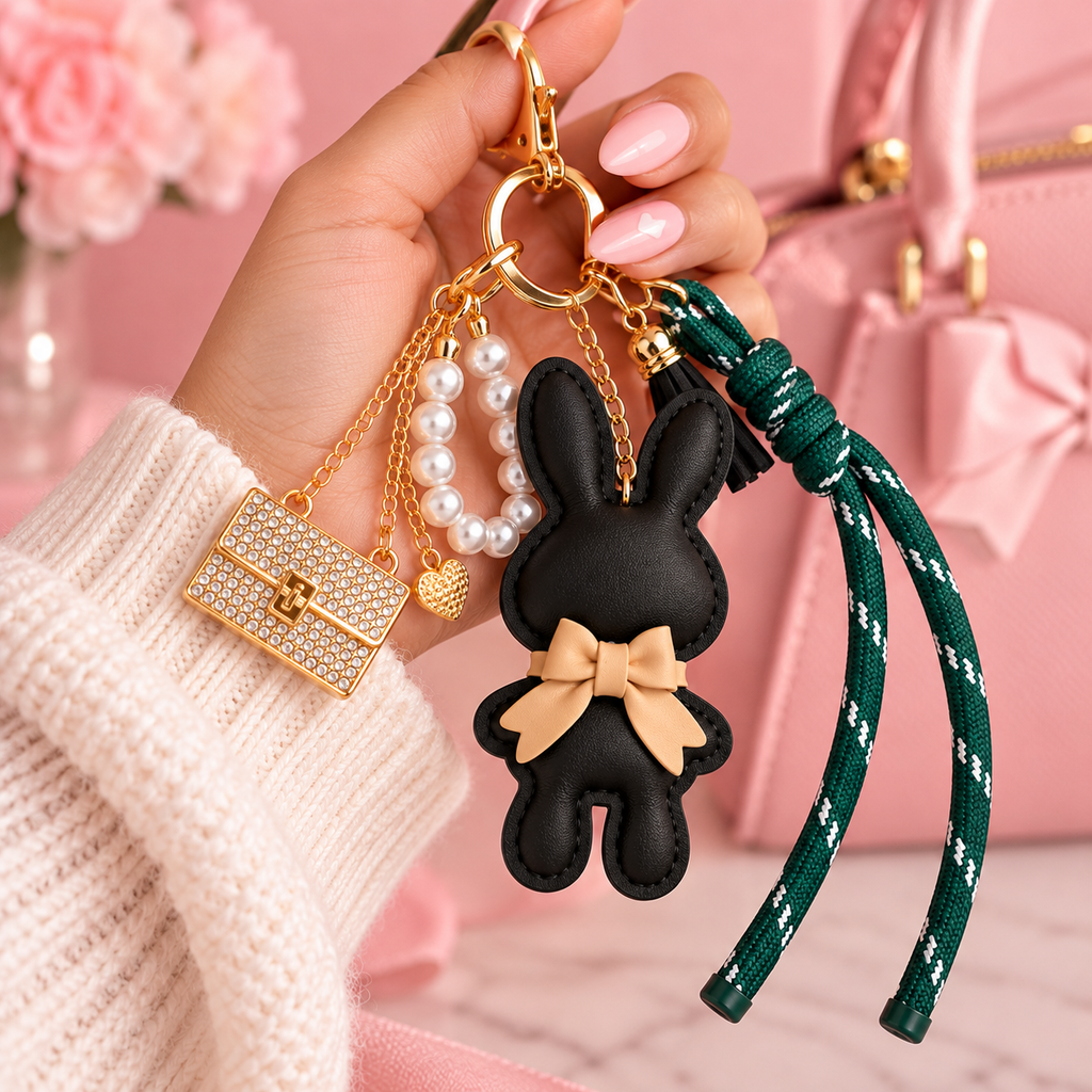 Black Bunny Bag Charm & Keychain – Pearl & Gold Accents