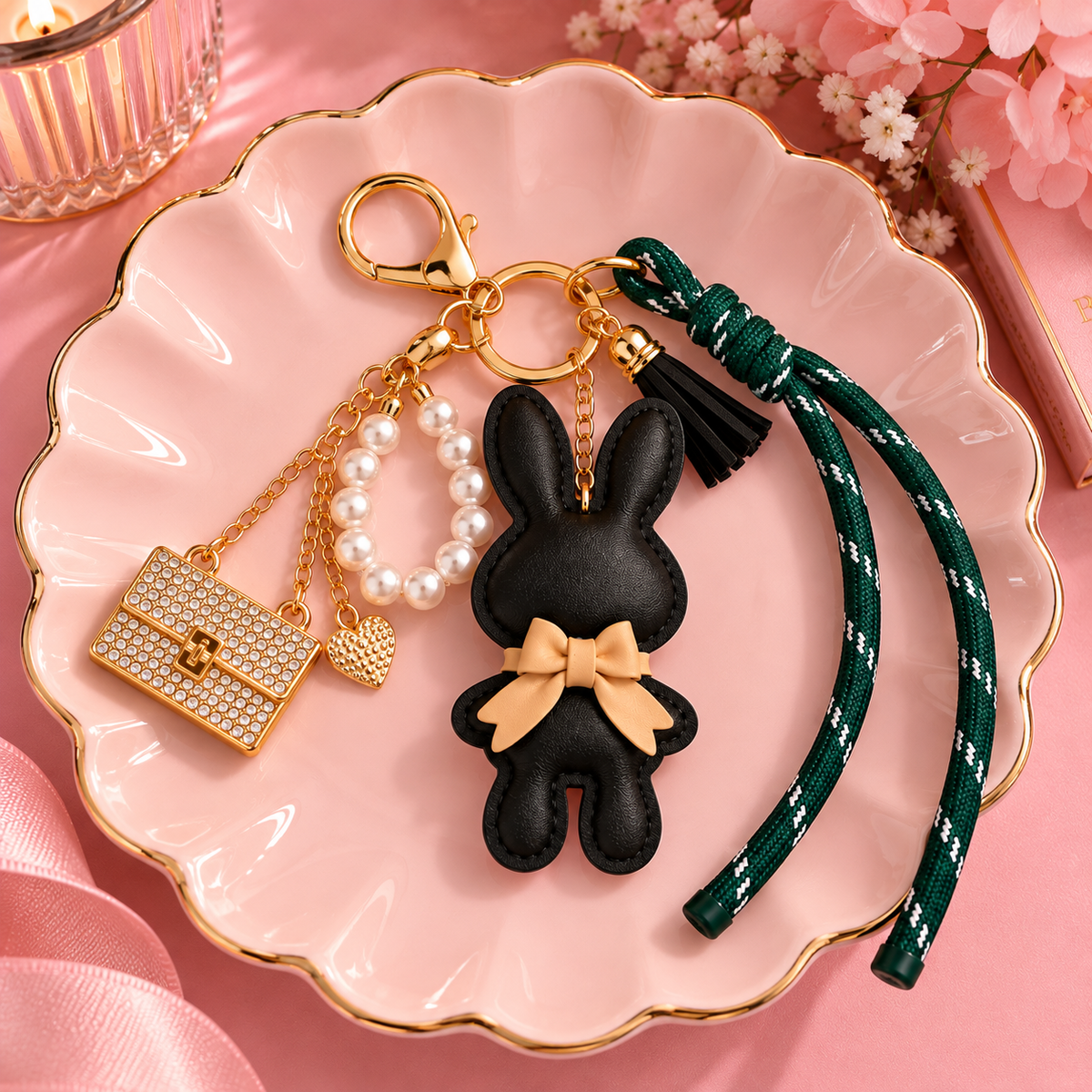 Black Bunny Bag Charm & Keychain – Pearl & Gold Accents