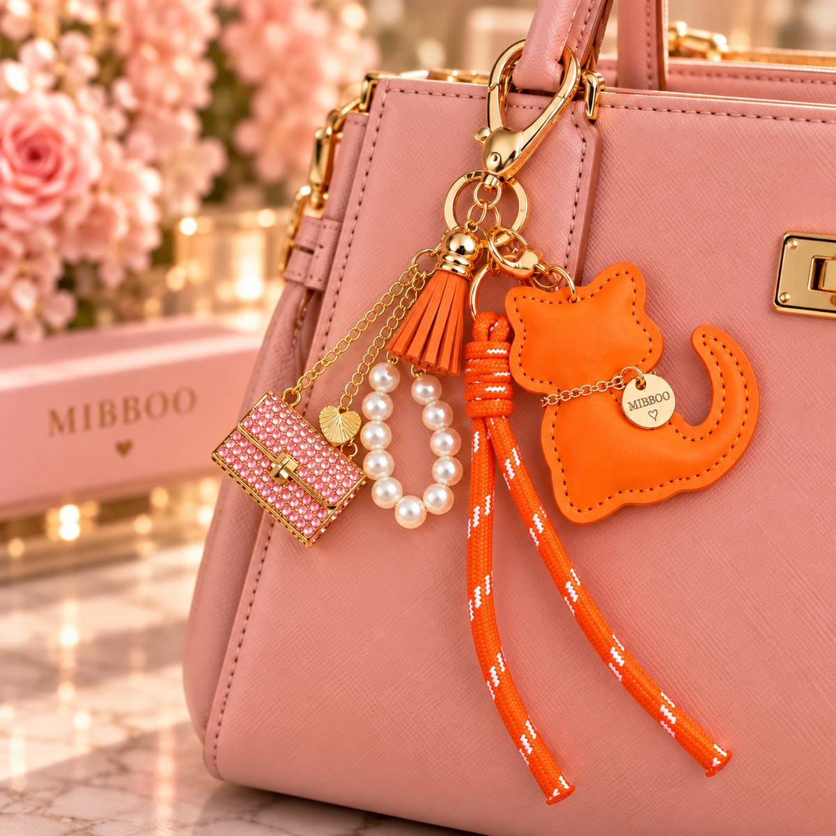 Orange Cat Bag Charm & Keychain – Pink Purse & Pearl Accents