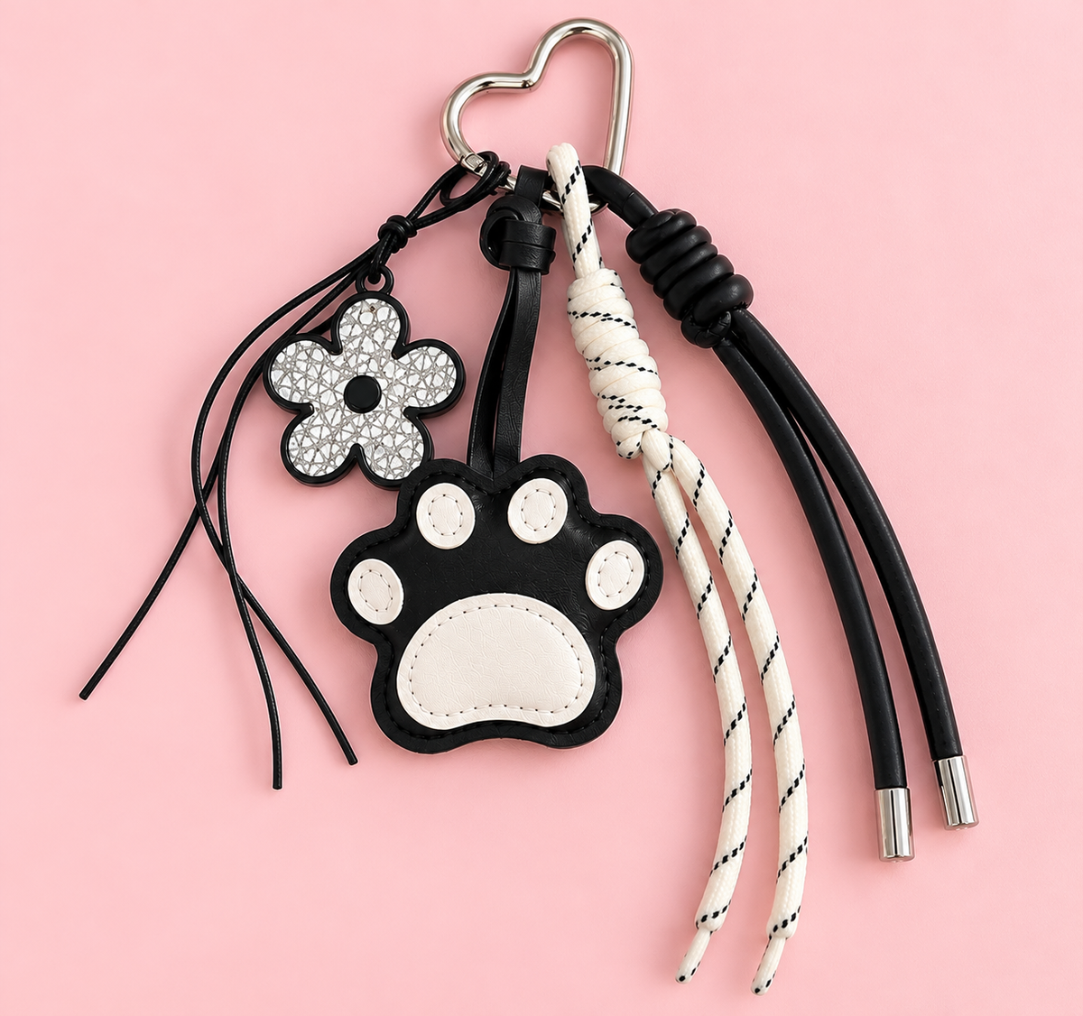 Cute Paw & Flower Bag Charm Keychain – Black & White