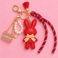 Cute Red Bunny Bag Charm & Keychain – Pearl & Pink Purse Accents