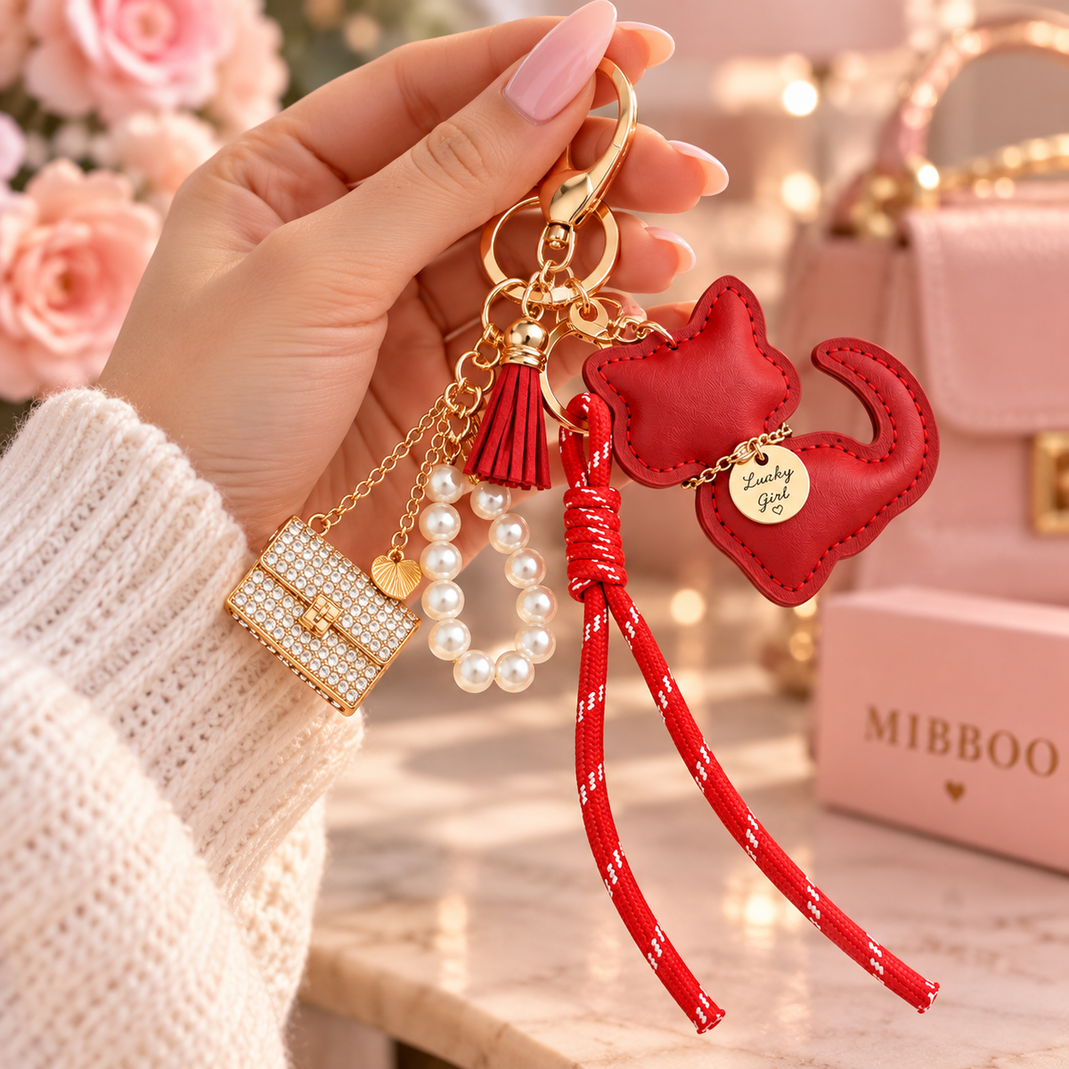 Lucky Girl Red Cat Bag Charm & Keychain – Pearl & Gold Accents