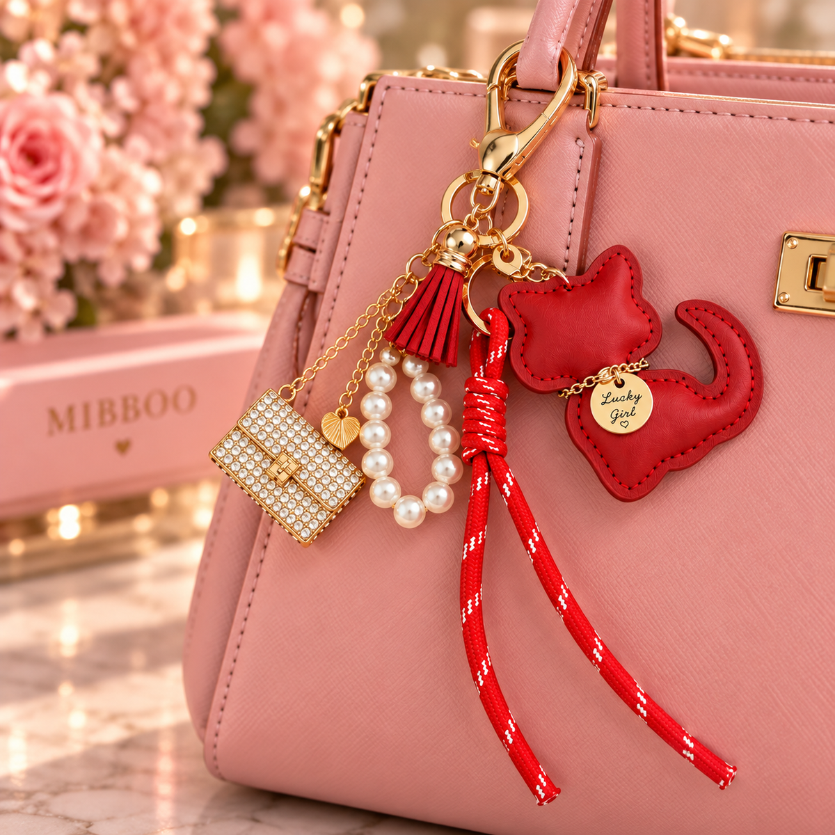 Lucky Girl Red Cat Bag Charm & Keychain – Pearl & Gold Accents