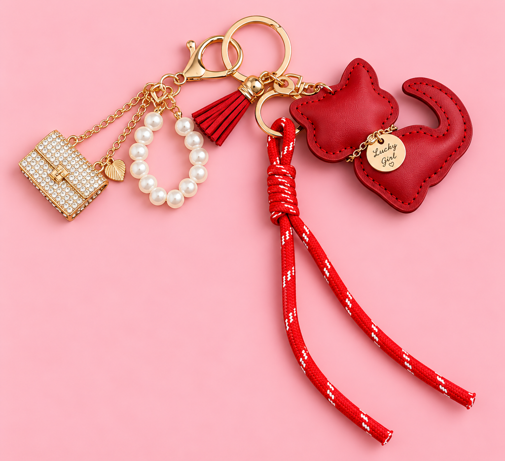 Lucky Girl Red Cat Bag Charm & Keychain – Pearl & Gold Accents