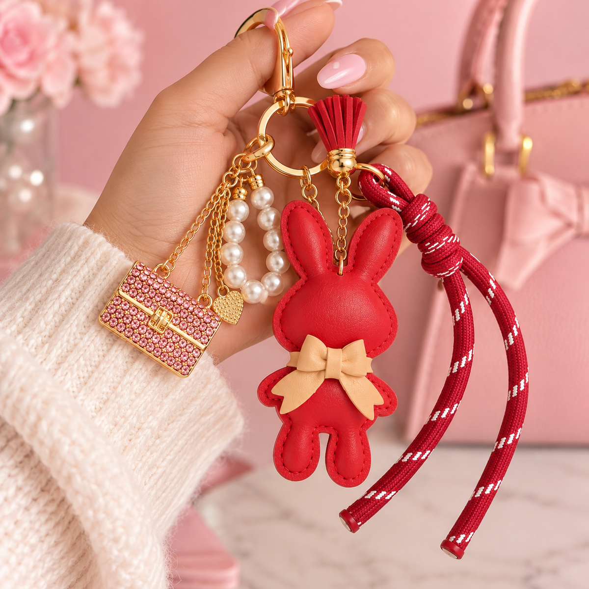 Cute Red Bunny Bag Charm & Keychain – Pearl & Pink Purse Accents