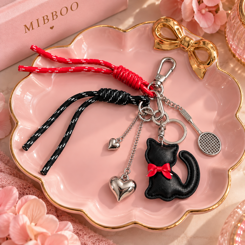 Cute Black Cat Bag Charm & Keychain – Red Bow & Silver Hearts