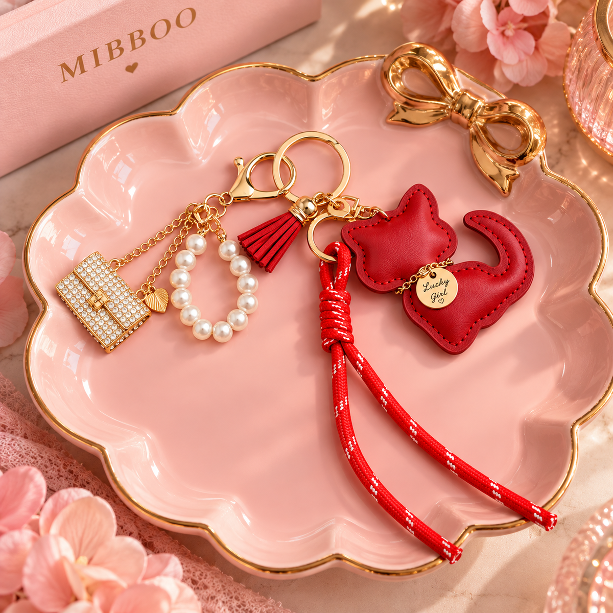Lucky Girl Red Cat Bag Charm & Keychain – Pearl & Gold Accents
