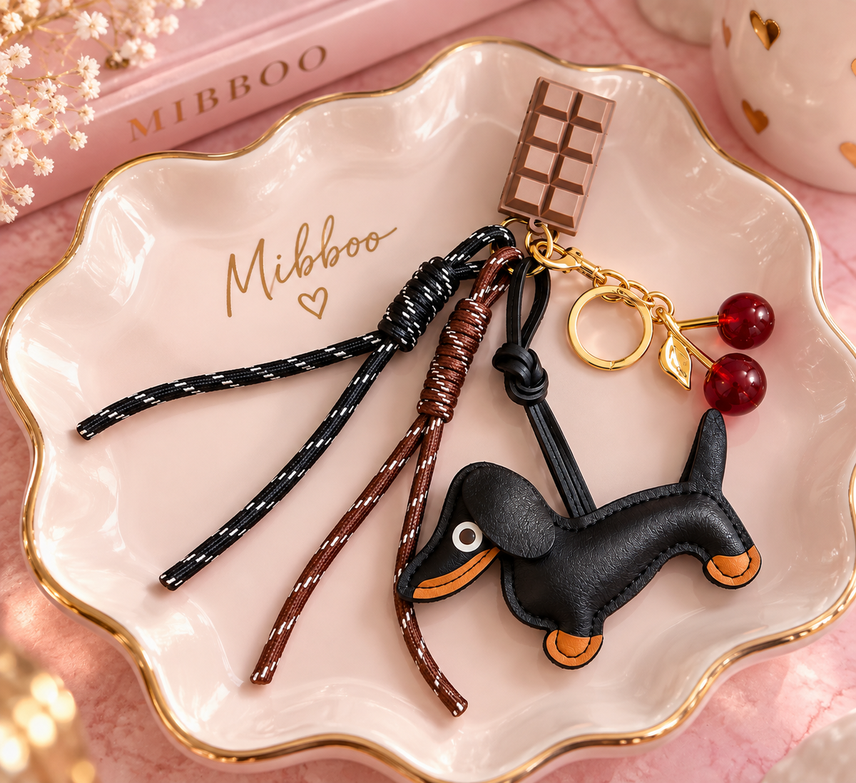 Cute Dachshund Bag Charm & Keychain – Cherry & Chocolate