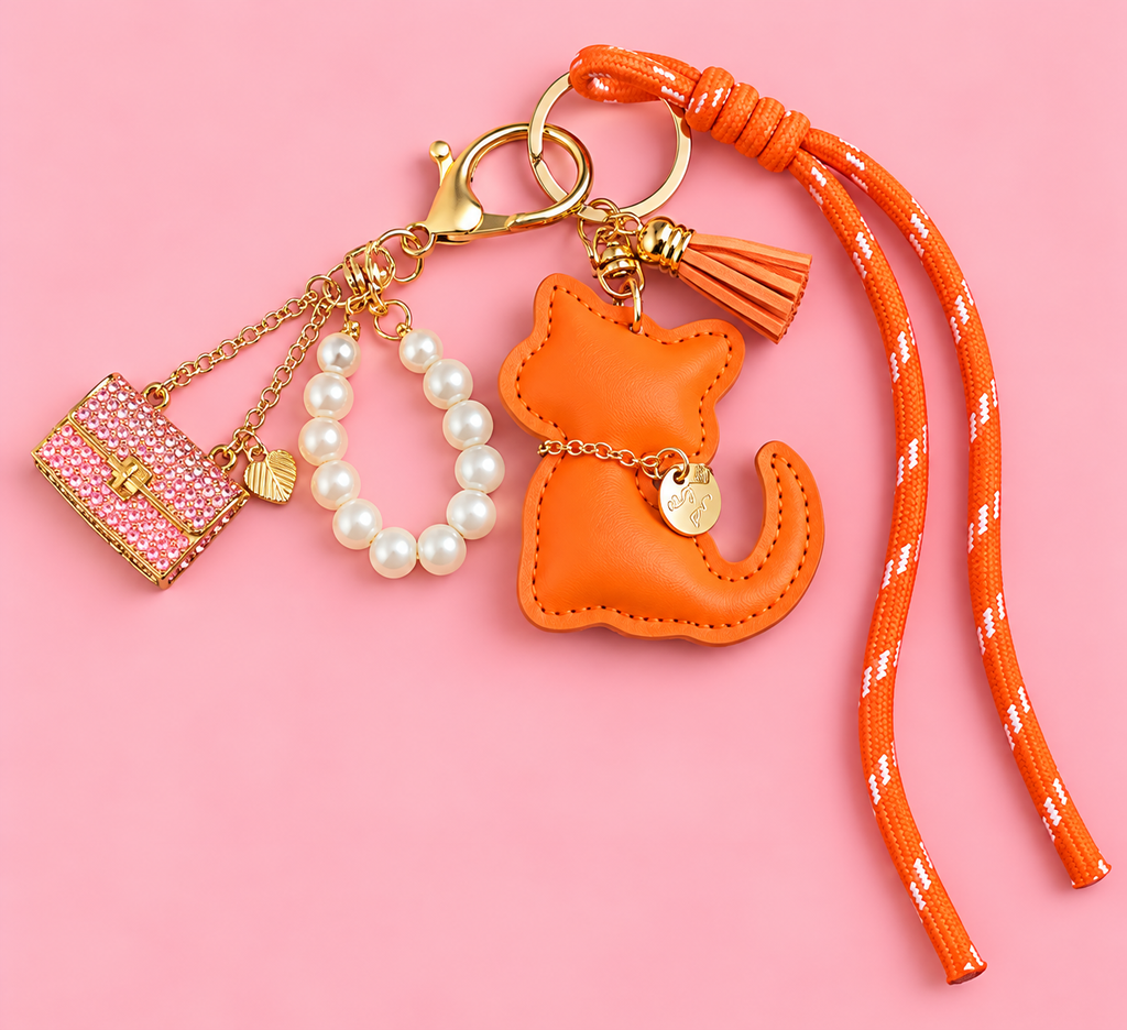 Orange Cat Bag Charm & Keychain – Pink Purse & Pearl Accents
