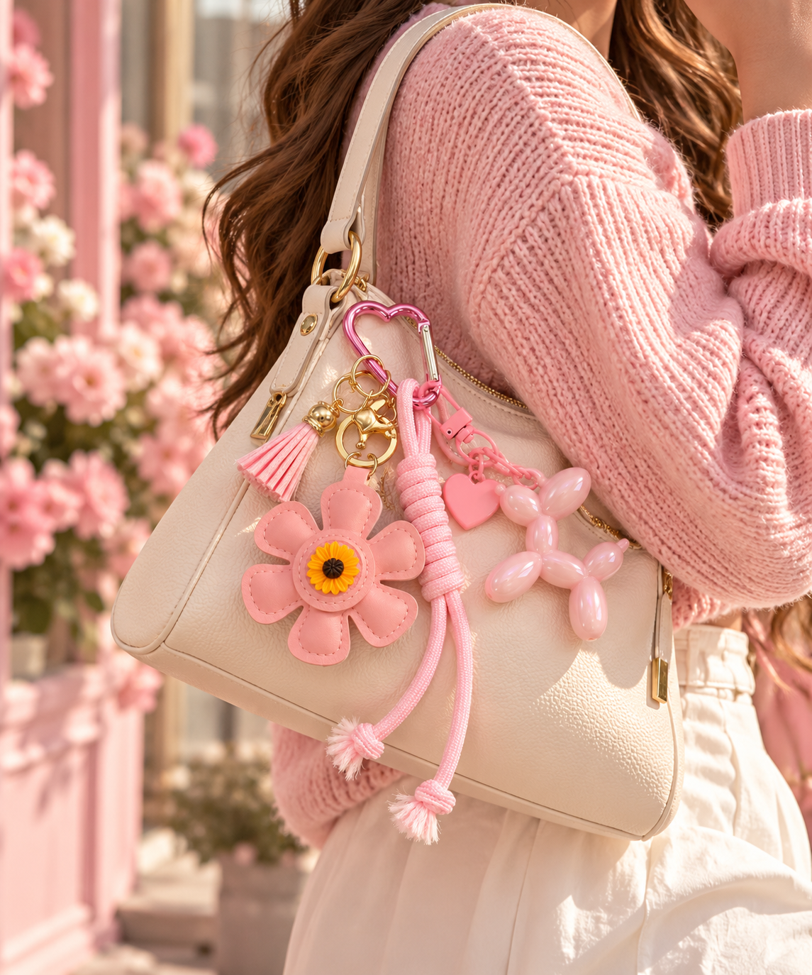 Pink Flower & Balloon Dog Bag Charm Keychain