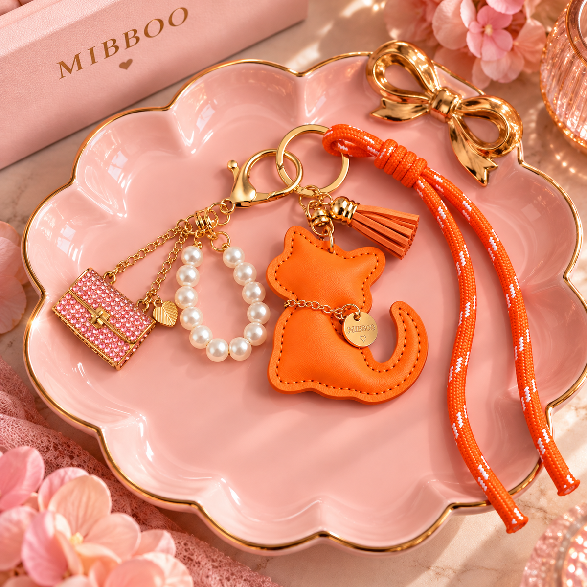 Orange Cat Bag Charm & Keychain – Pink Purse & Pearl Accents