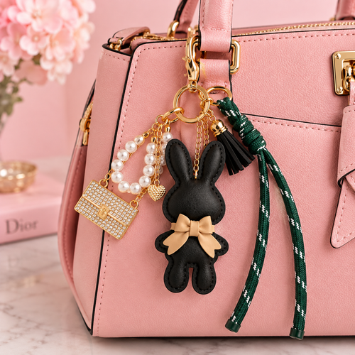 Black Bunny Bag Charm & Keychain – Pearl & Gold Accents