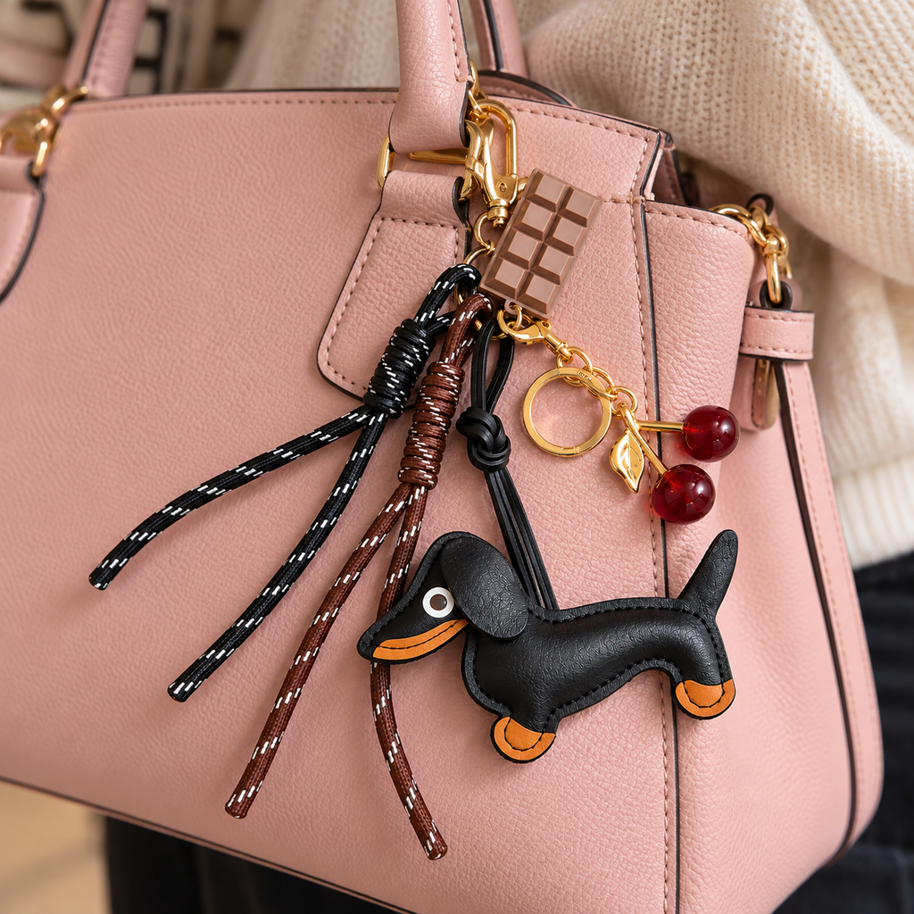 Cute Dachshund Bag Charm & Keychain – Cherry & Chocolate