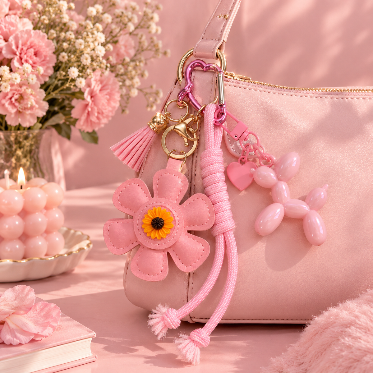 Pink Flower & Balloon Dog Bag Charm Keychain