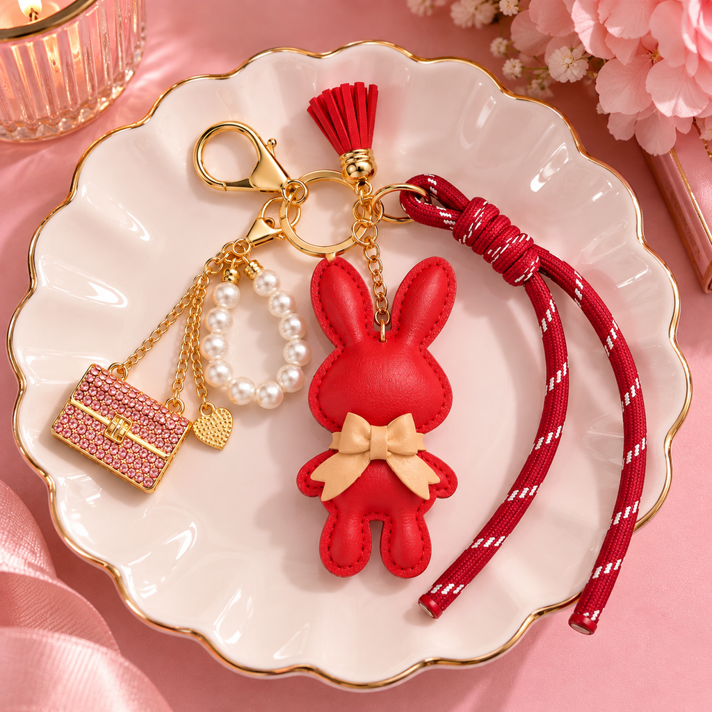 Cute Red Bunny Bag Charm & Keychain – Pearl & Pink Purse Accents