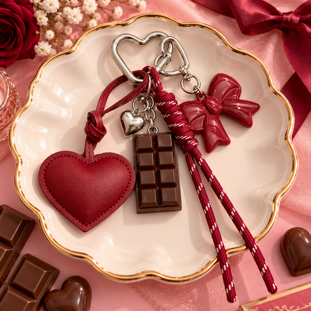 Cherry Chocolate Heart & Bow Bag Charm Keychain – Burgundy Red