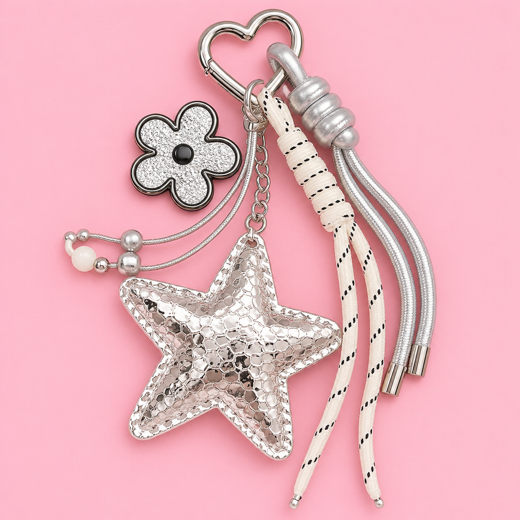 Silver Star & Flower Bag Charm Keychain – White & Silver