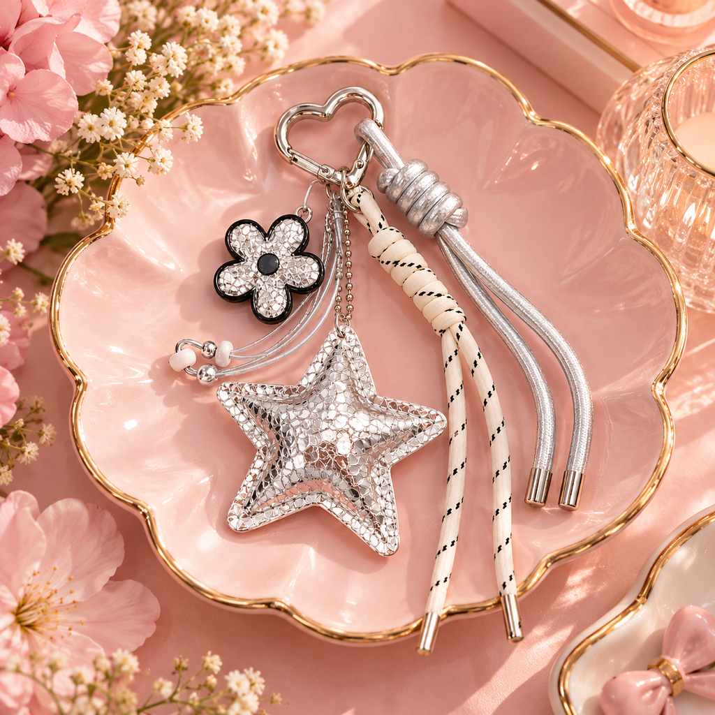 Silver Star & Flower Bag Charm Keychain – White & Silver