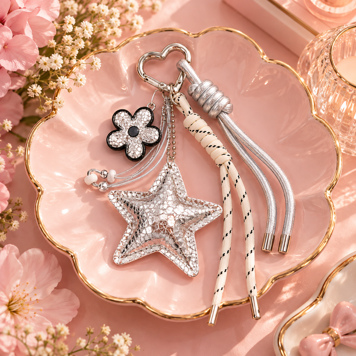 Silver Star & Flower Bag Charm Keychain – White & Silver